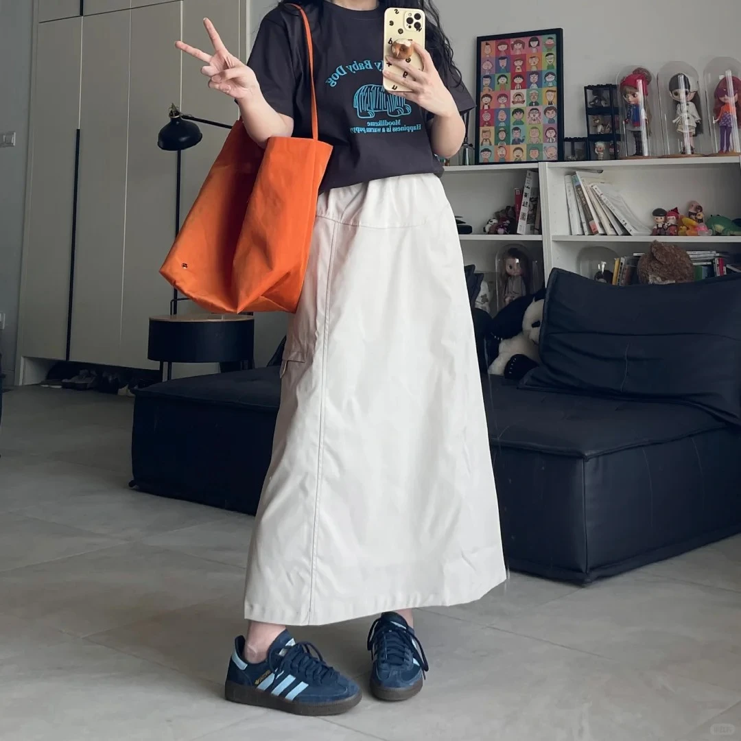 秋季速干美式工装半身裙大码胖mm后开叉松紧腰抽绳遮胯显瘦长裙子