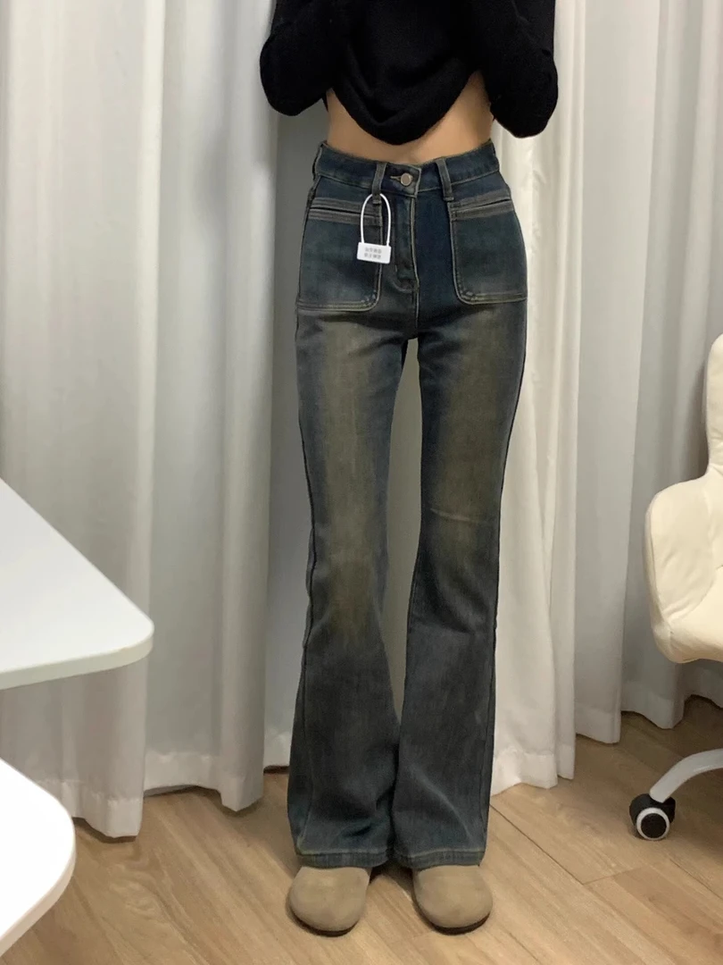 梨型身材复古水泥灰微喇牛仔裤女大码胖mm高腰遮肉显瘦弹力喇叭裤