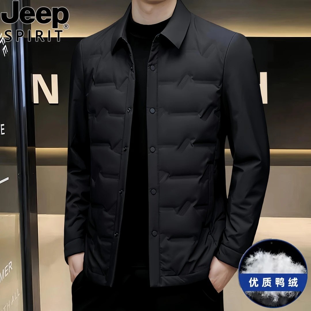 Jeep吉普轻薄羽绒服男士冬季商务休闲修身短款衬衫领夹克保暖外套