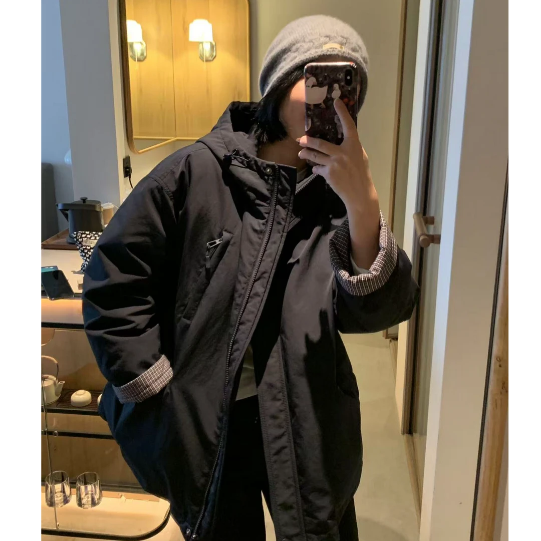 【疏疏优选】 冬季新款袖口拼接格子连帽羽绒服外套