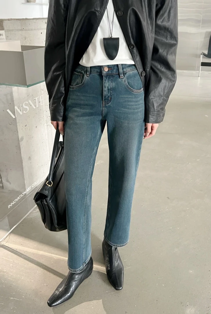 【疏疏优选】基础百搭加绒法棍裤九分直筒牛仔裤