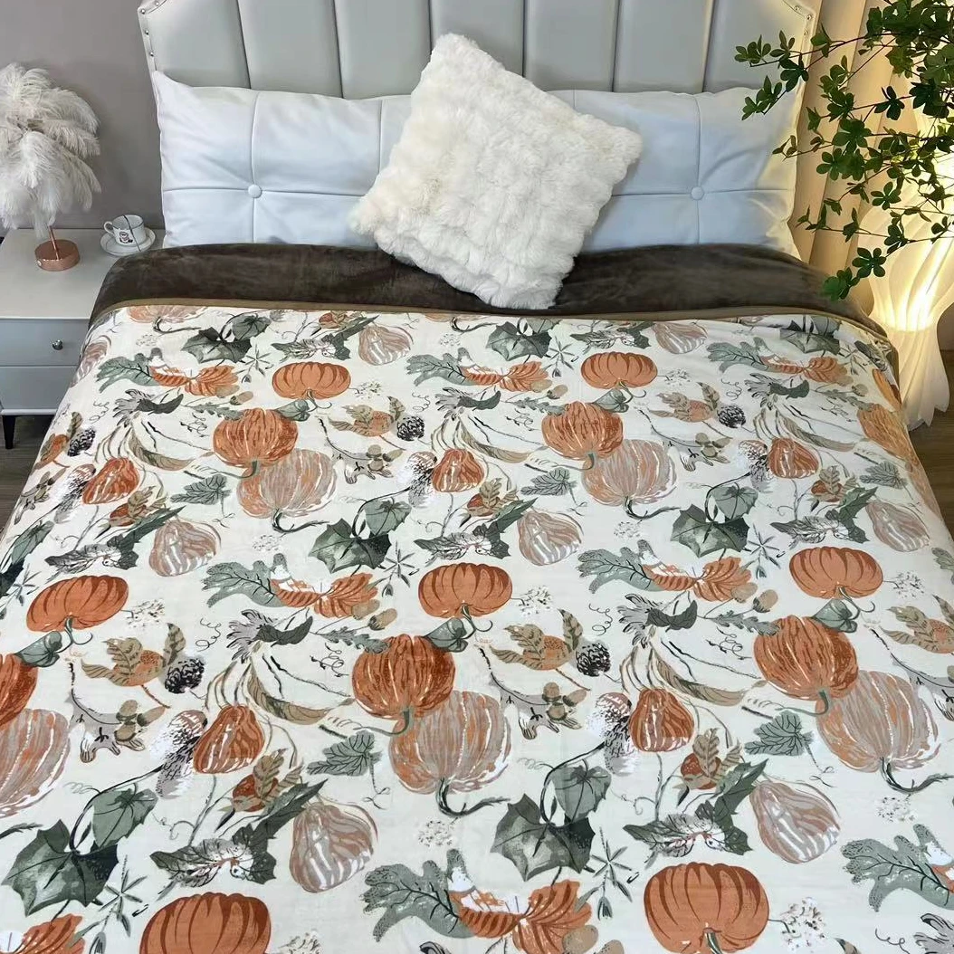 180*200丰收南瓜加厚高密度加绒高颜值印花加厚盖毯被头被