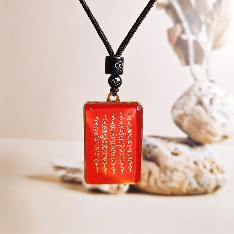 合金琉璃吊坠 五条经文双面吊坠项链红色毛衣链挂坠饰