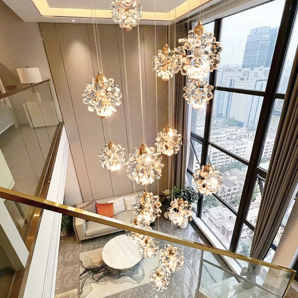 复式楼挑高客厅吊灯现代轻奢水晶灯别墅loft公寓楼梯间长吊灯挑空