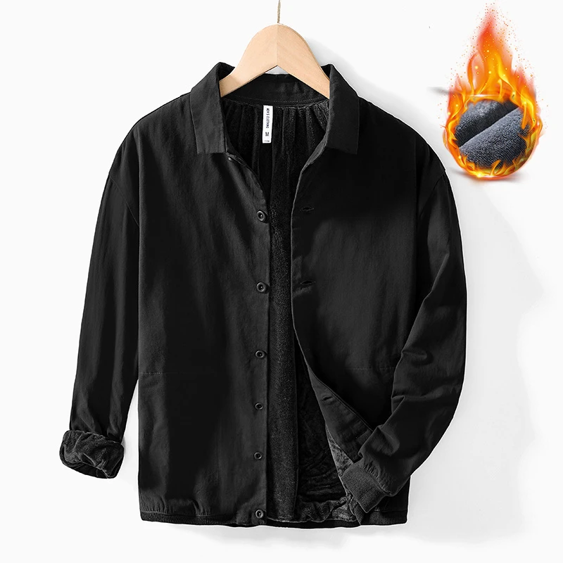 秋冬季休闲保暖加绒加厚夹克男士大码宽松中青年纯色百搭上衣外套