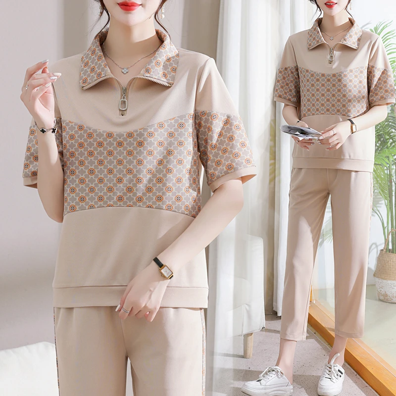 中年妈妈休闲运动服套装夏季时尚短袖上衣中老年人女装夏装两件套