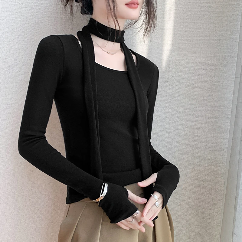 方领上衣长袖打底修身内搭女款爆款2025新款洋气秋冬黑色打底衫