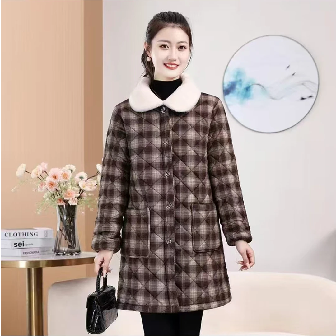 2024网红秋冬季加绒加厚中长款时尚修身休闲家居精致妈妈装棉袄