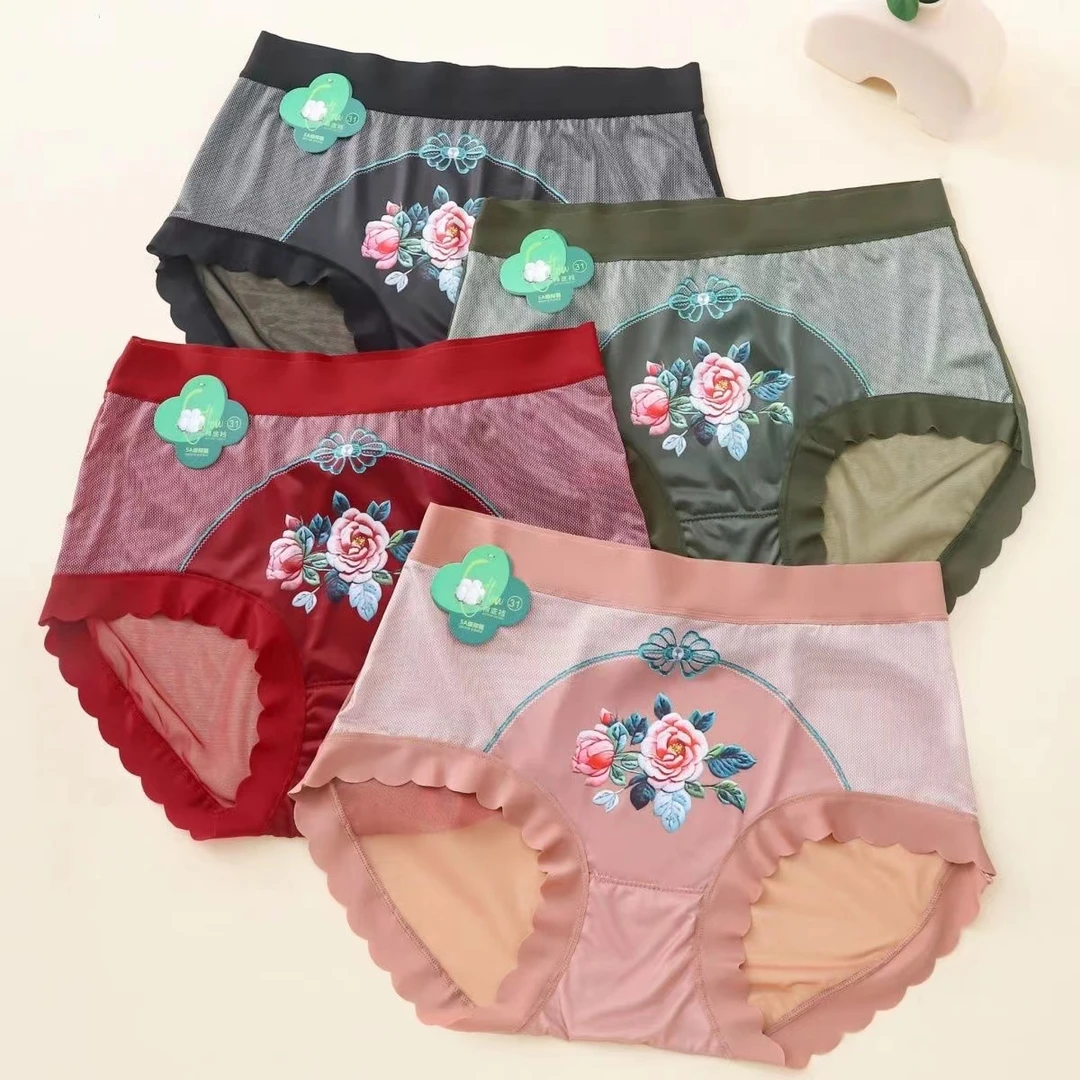 新款国风印花蕾丝内裤女士个性透气无痕大码短裤纯欲风胖