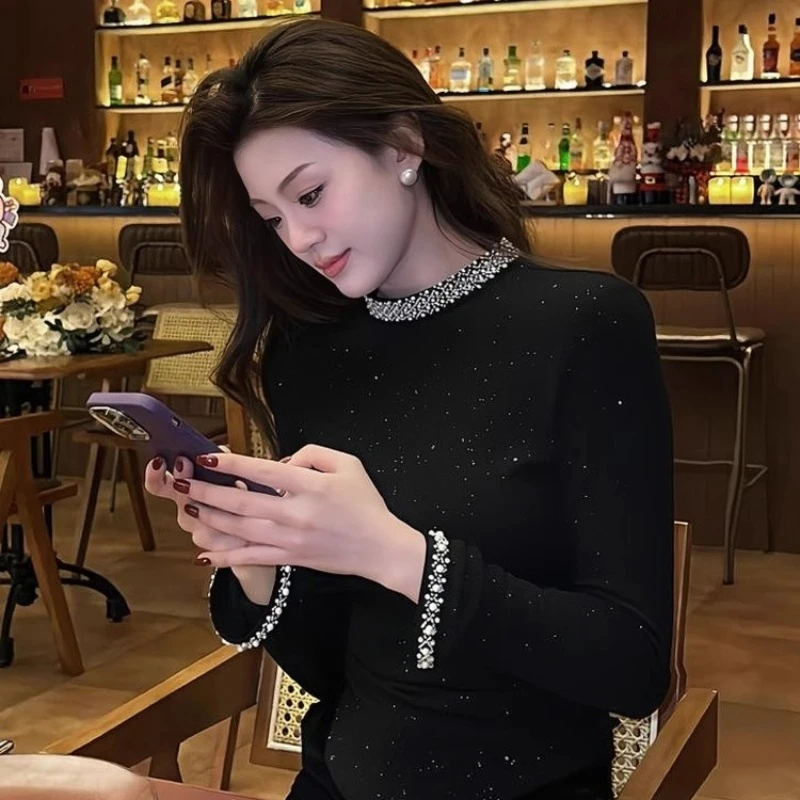 高级钉珠烫钻打底衫女2025秋冬加厚德绒长袖T恤黑色修身内搭上衣