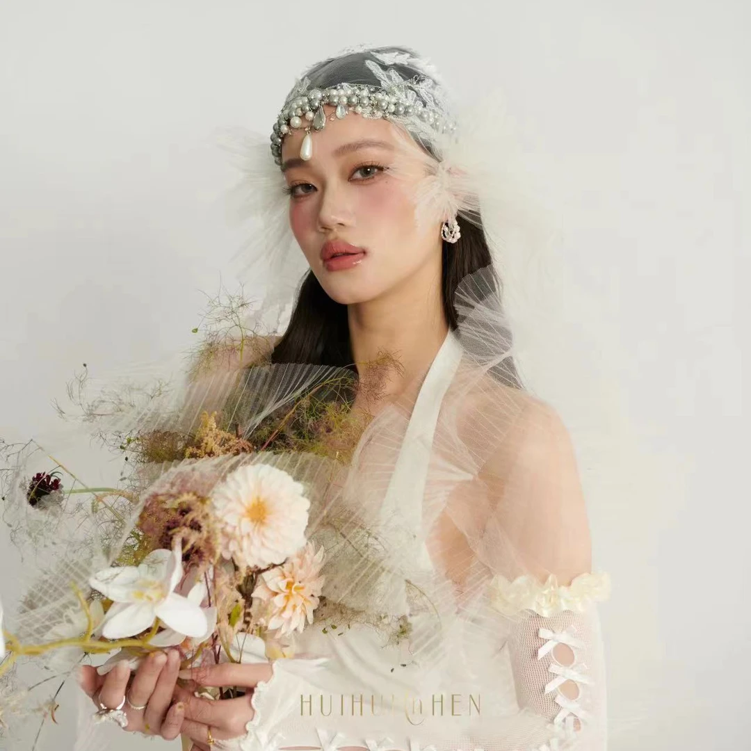 惠惠Chen 海的女儿贻贝头纱 气质白色时尚百搭夏季复古长款新娘飘