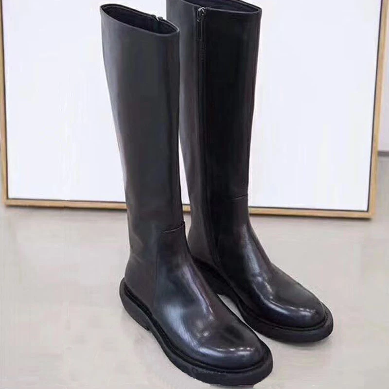 万达撤柜头层牛皮长靴女秋季做旧水洗粗跟后拉链骑士靴长筒靴女款