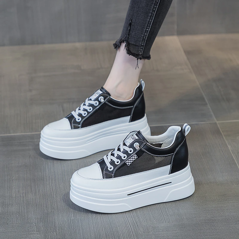 万达撤柜头层牛皮8cm小个子秋季内增高显瘦网面小白鞋松糕底休闲.