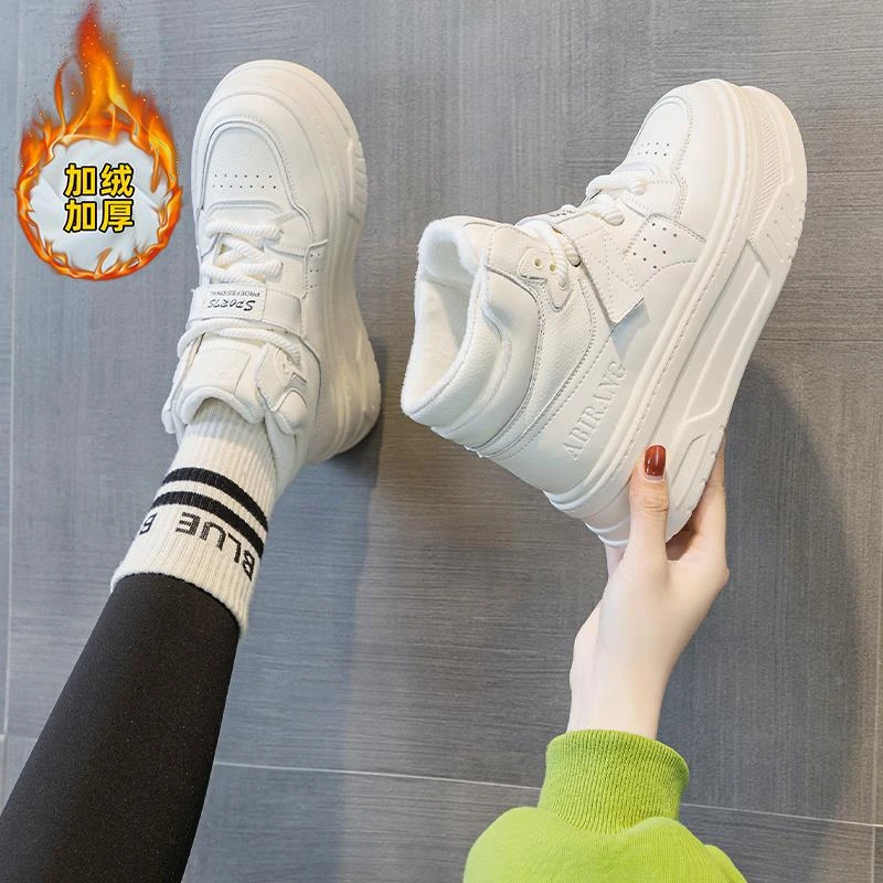 万达撤柜头层牛皮显瘦小白鞋女2025冬季新款拼色高帮棉鞋板鞋厚底