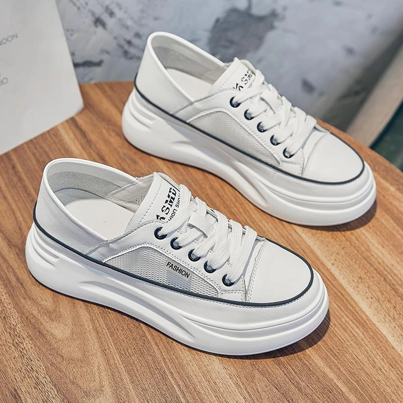 万达撤柜头层牛皮2025秋季5cm小白鞋女新款网面透气厚底一脚蹬ins