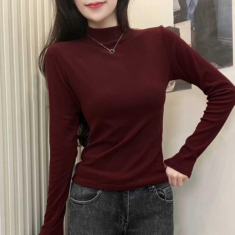 双面磨毛绒打底衫女秋冬半高领长袖保暖修身显瘦百搭纯色网红上衣