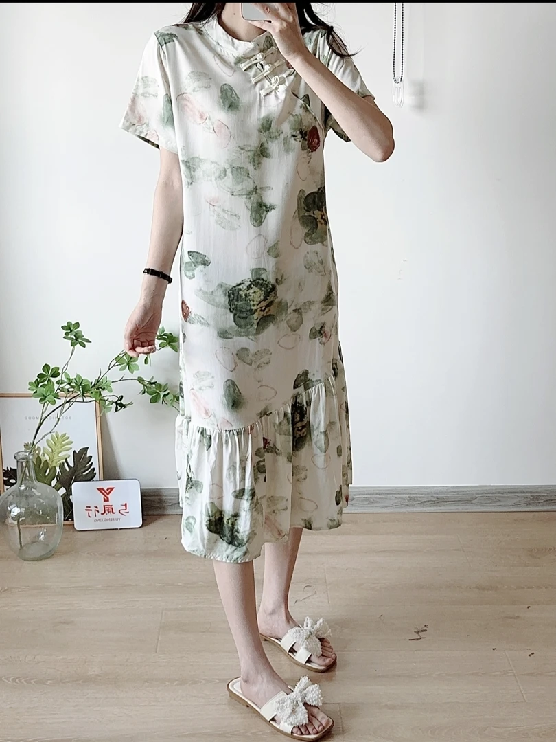 复古时尚中国风中长款碎花旗袍宽松连衣裙夏季显瘦气质女装连衣裙
