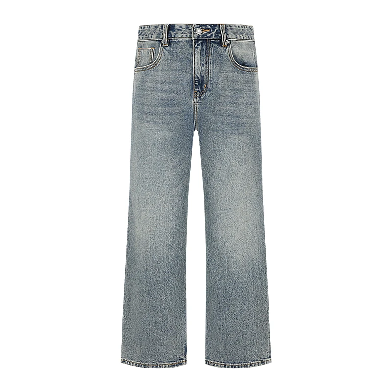 原素 春季赤耳丹宁重工水洗百搭雾霾蓝色直筒微喇男士牛仔裤 G758