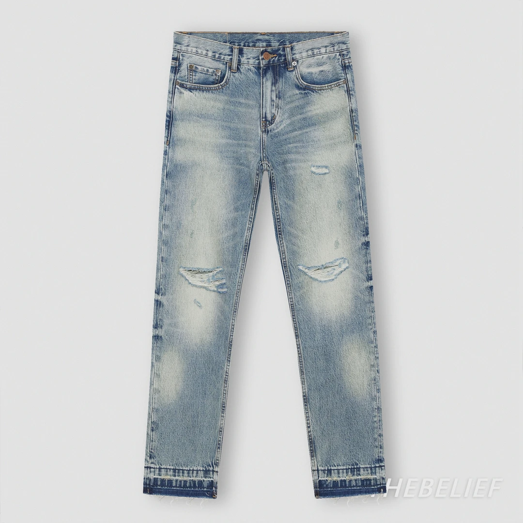 原素/23520破洞重工水洗裤脚散边拉须修身直筒复古做旧男士牛仔裤