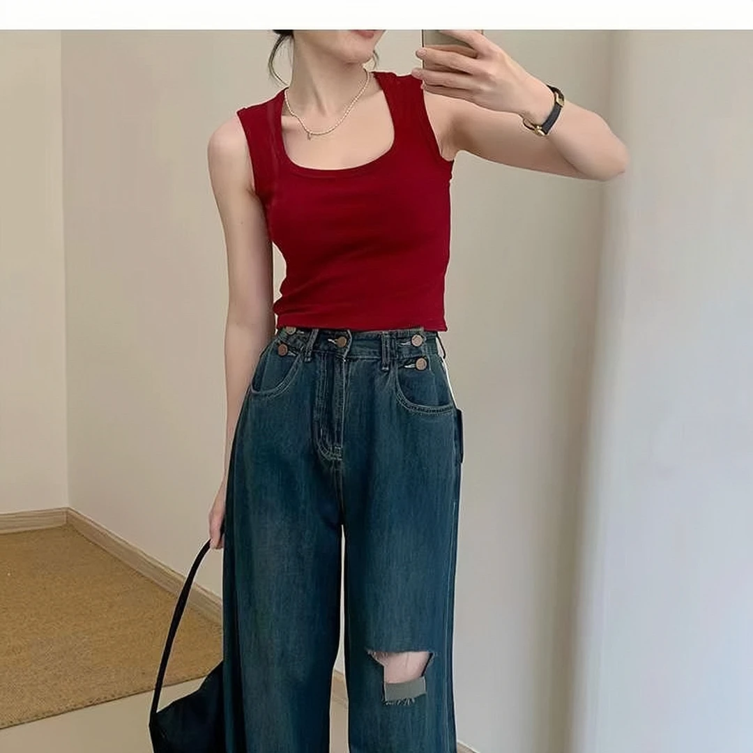 美式方领吊带外穿小背心女夏季2024新款显瘦甜辣美背无袖短款上衣