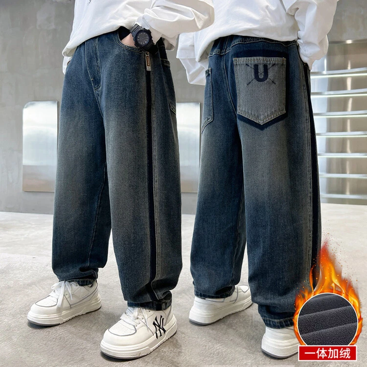 新款儿童牛仔裤男童秋冬加绒宽松中大童字母刺绣百搭痞帅风长裤