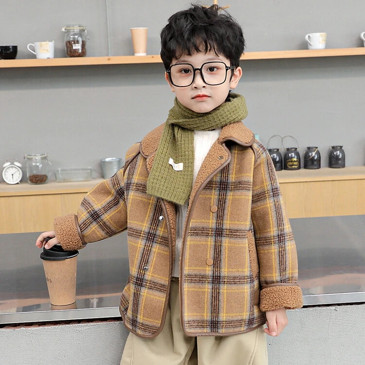 秋冬格子男童呢子外套儿童加厚中小童宝宝毛呢中长款大衣