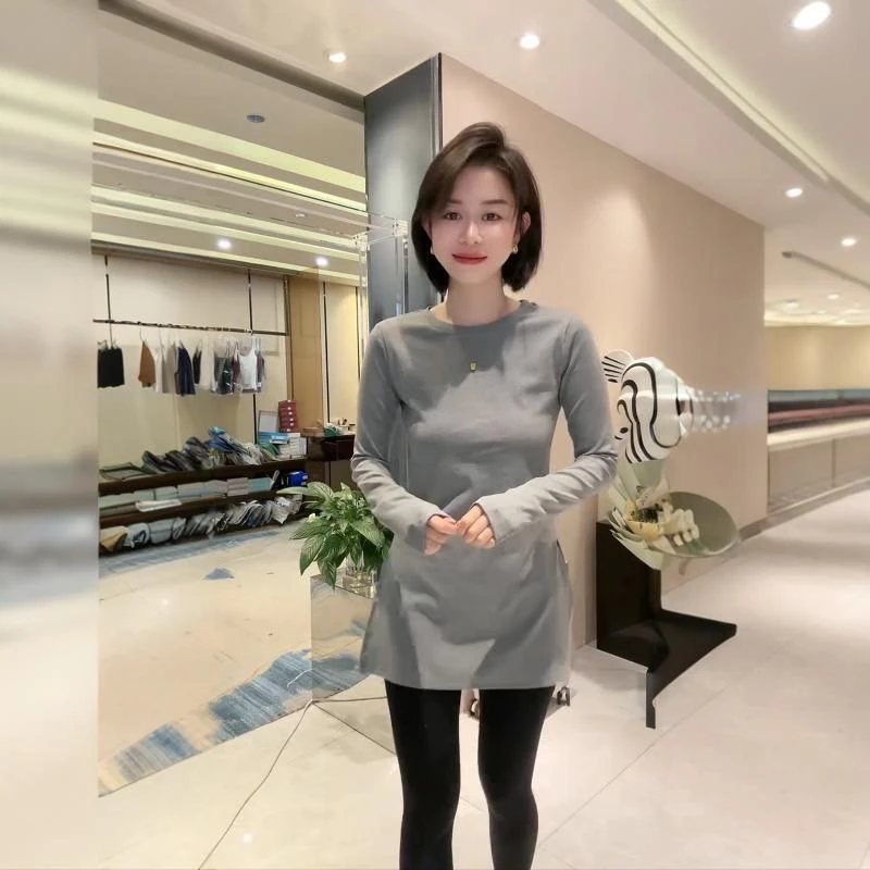 欧货2024秋女时尚设计感百搭休闲显瘦开叉长袖中长款打底衫上衣潮