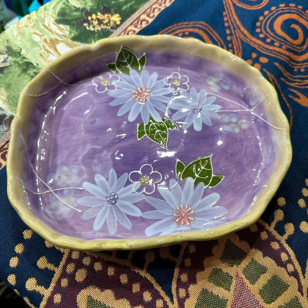 濑户烧 一缕幽梦-8英寸手捏椭圆盘一个装釉下彩陶瓷家用餐具