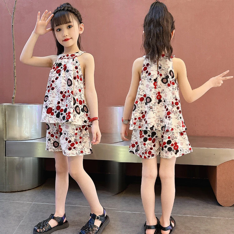 【淘桃】2024夏款女童舒适清凉透气无袖吊带短裤韩版挂脖中大童套装