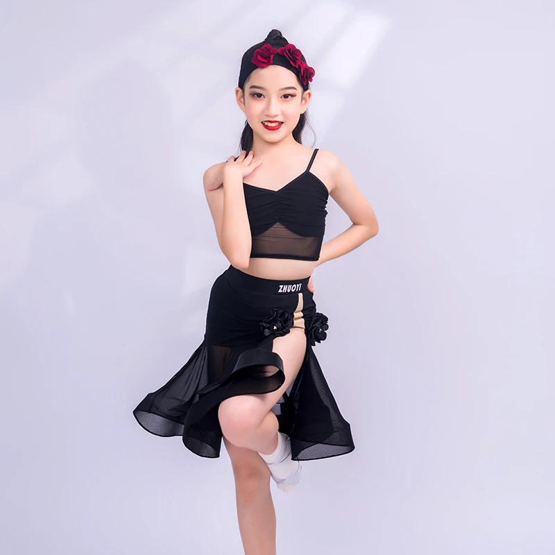 卓艺拉丁舞服网纱吊带夏季练习服网红黑色包臀露背春夏性感艺考