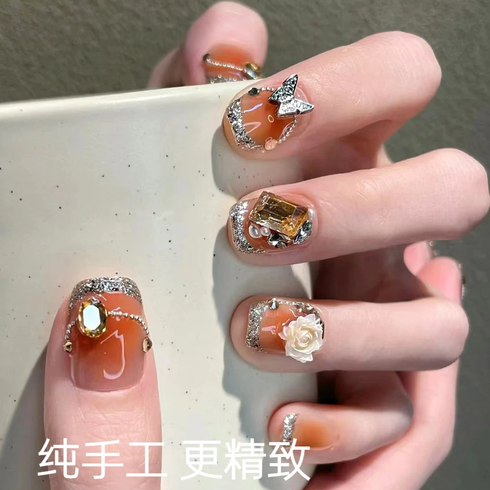 银边法式蝴蝶美甲 元气腮橘山茶花指甲贴片 分码10片纯手工穿戴甲