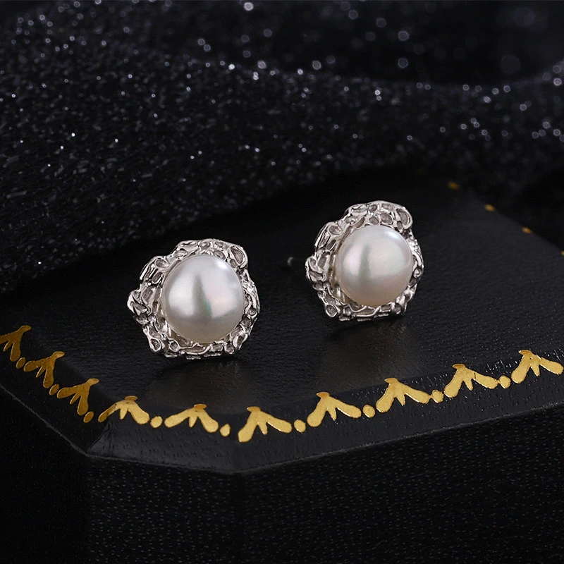 足银仿珍珠耳饰 s999足银耳钉女法式简约不规则耳环气质百搭耳饰