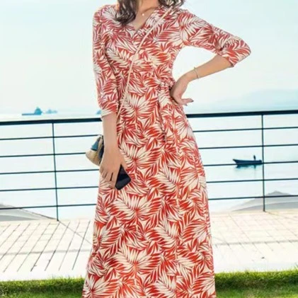 新款橙色枫叶一片式连衣裙S111