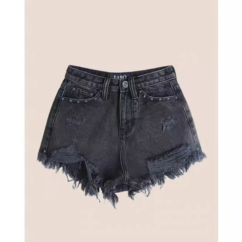 LALABOBO显瘦辣妹高腰时尚图案流苏牛仔短裤LBDB-WXZD11