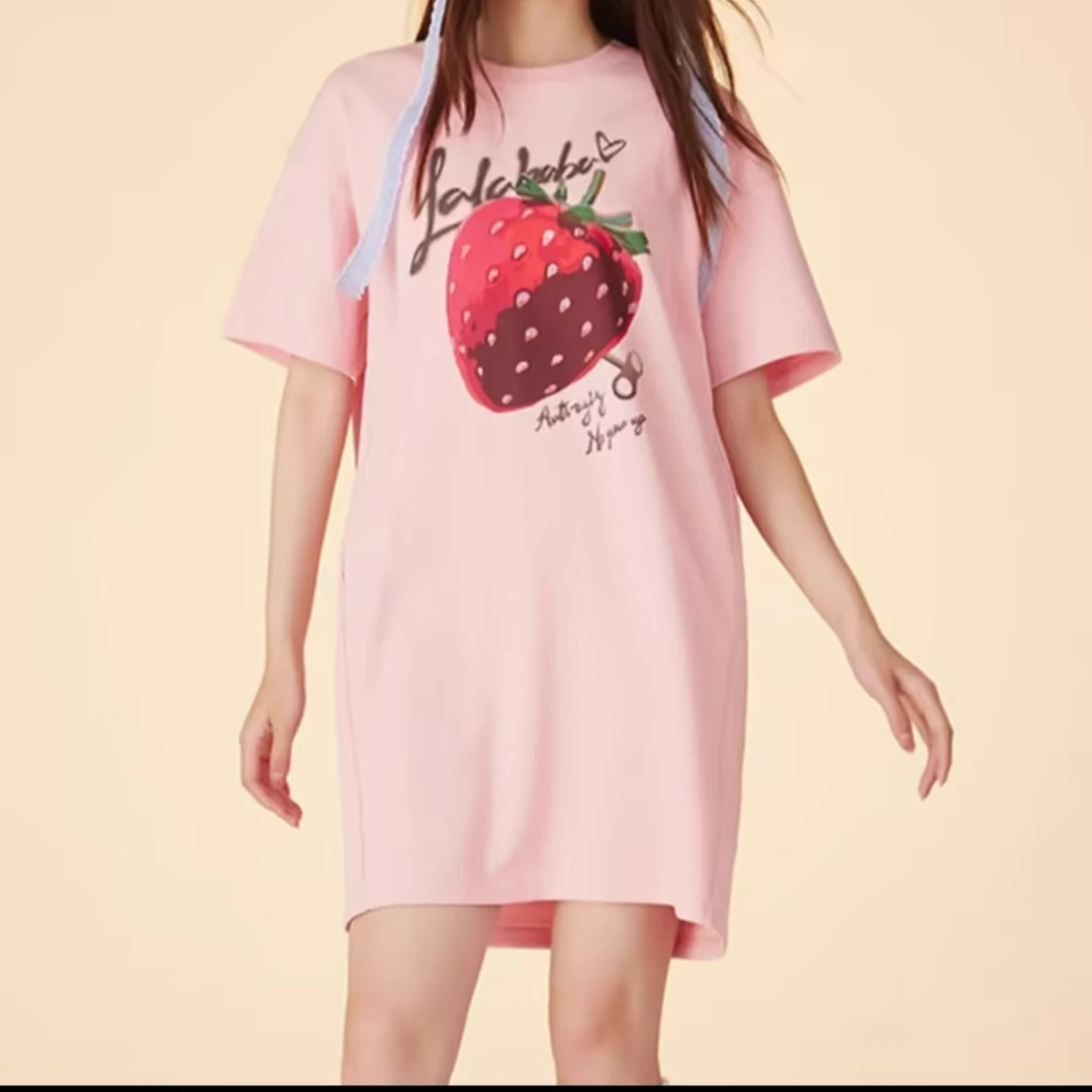 梦时代LALABOBO时尚休闲夏季中长款草莓图案连衣裙CBDB-WLZY13