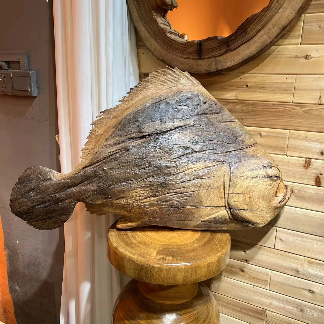香樟木风化老料手工雕刻鱼摆件复古家居玄关客厅摆件