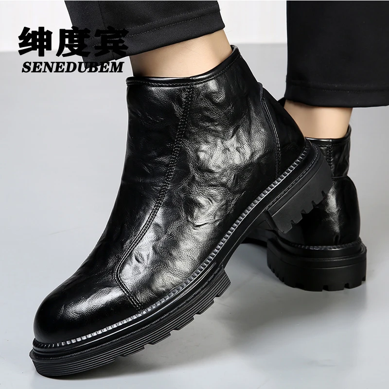 【绅度宾品牌】休闲马丁靴男士时尚潮流加绒商务英伦风高帮切尔西靴