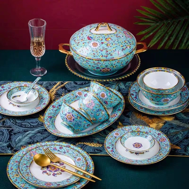 景德镇珐琅彩欧式美式风格骨质瓷家用碗碟盘餐具入豪宅餐具盘子