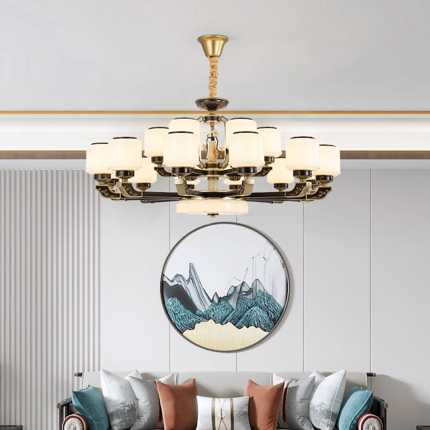 2022新款客厅餐厅卧室高端加粗玉石中柱别墅复式楼灯具