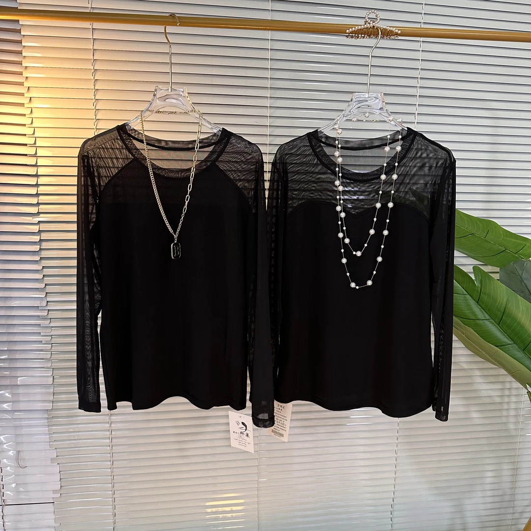 大码女装2023年秋季新款蕾丝透肤打底衫小衫网格时尚显瘦修身加肥