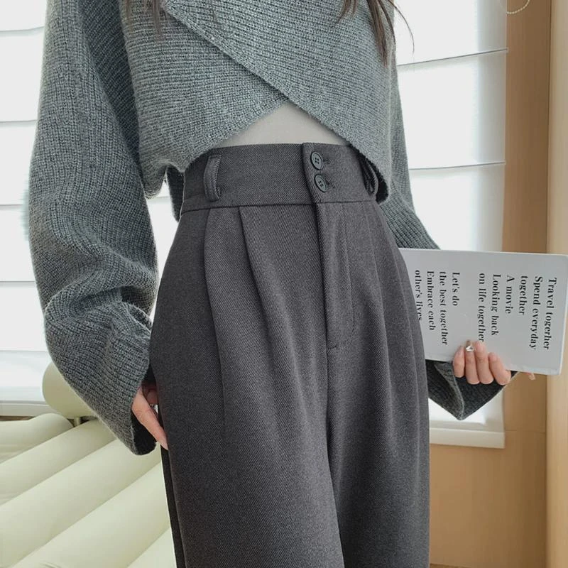 感灰色毛呢松紧拖地阔腿裤加厚秋冬西装裤女高腰裤子直筒垂感