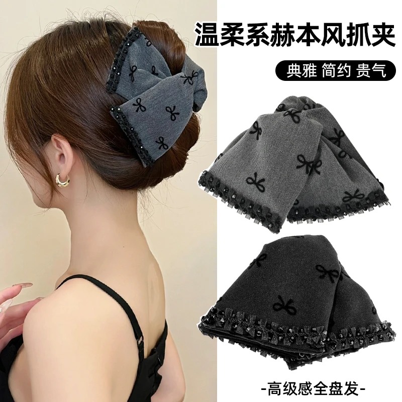 秋冬格雷系灰色蝴蝶结抓夹气质盘发鲨鱼夹高级感后脑勺头发抓夹