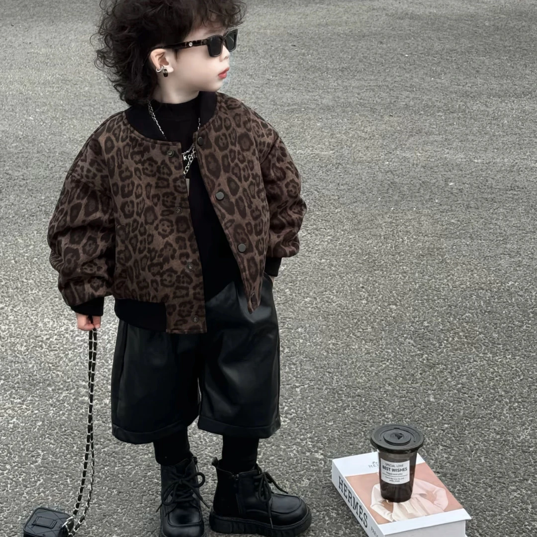 男女童冬季新品豹纹棒球服棉服外套2024年新款男女宝宝韩版外套