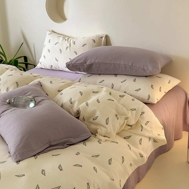 A类母婴级纯棉双层褶皱纱布四件套加厚全棉柔软印花被套床上用品