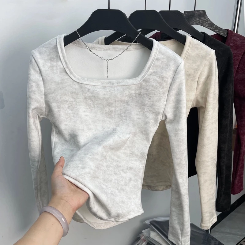 法式方领加厚收腰简约扎染打底上衣秋冬新款舒适内搭德绒长袖t恤