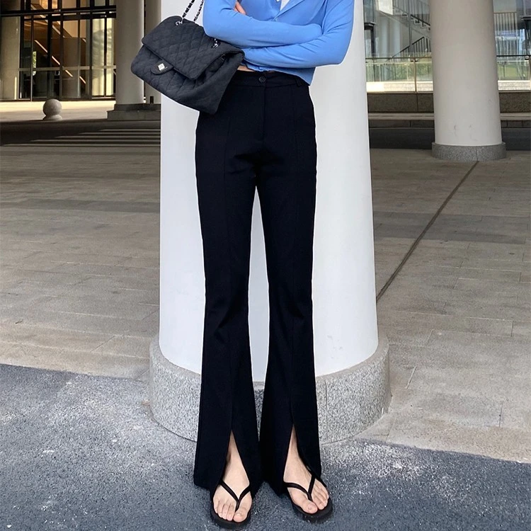 黑色高腰开叉微喇叭裤子女2025春秋新款休闲垂感拖地显瘦阔腿长裤