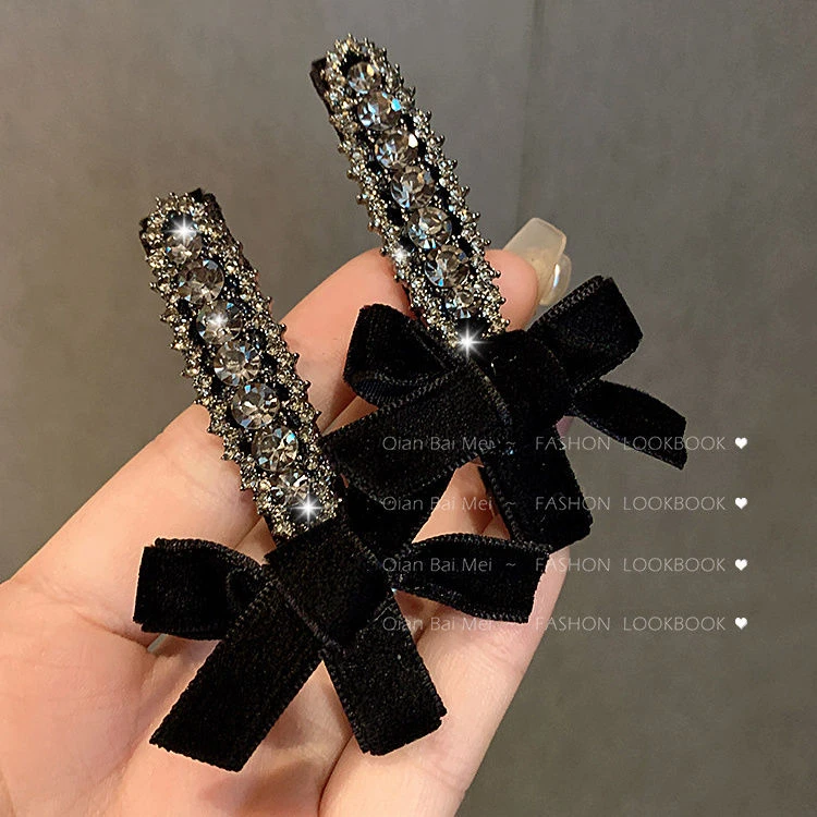 轻奢复古丝绒蝴蝶结发夹小香风灰色水钻高级感刘海夹百搭