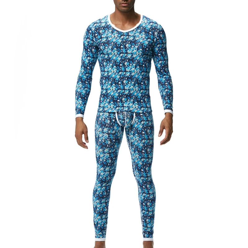 时尚印花秋衣秋裤男士青年薄款棉性感紧身弹力打底保暖内衣套装潮