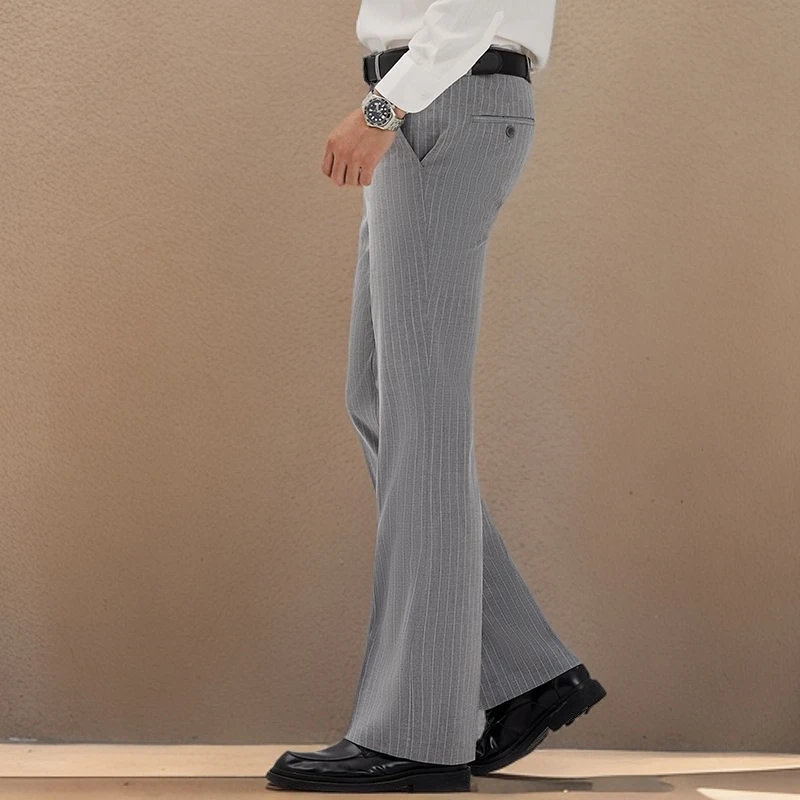 高级条纹喇叭西裤男青年休闲垂感阔脚弹力西装裤商务修身薄款男裤