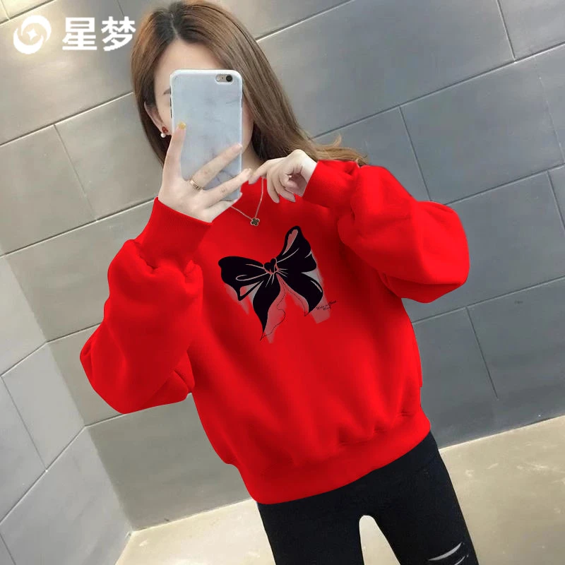 秋季长袖保暖印花卫衣2025新款气质女装宽松慵懒风圆领无帽上衣潮